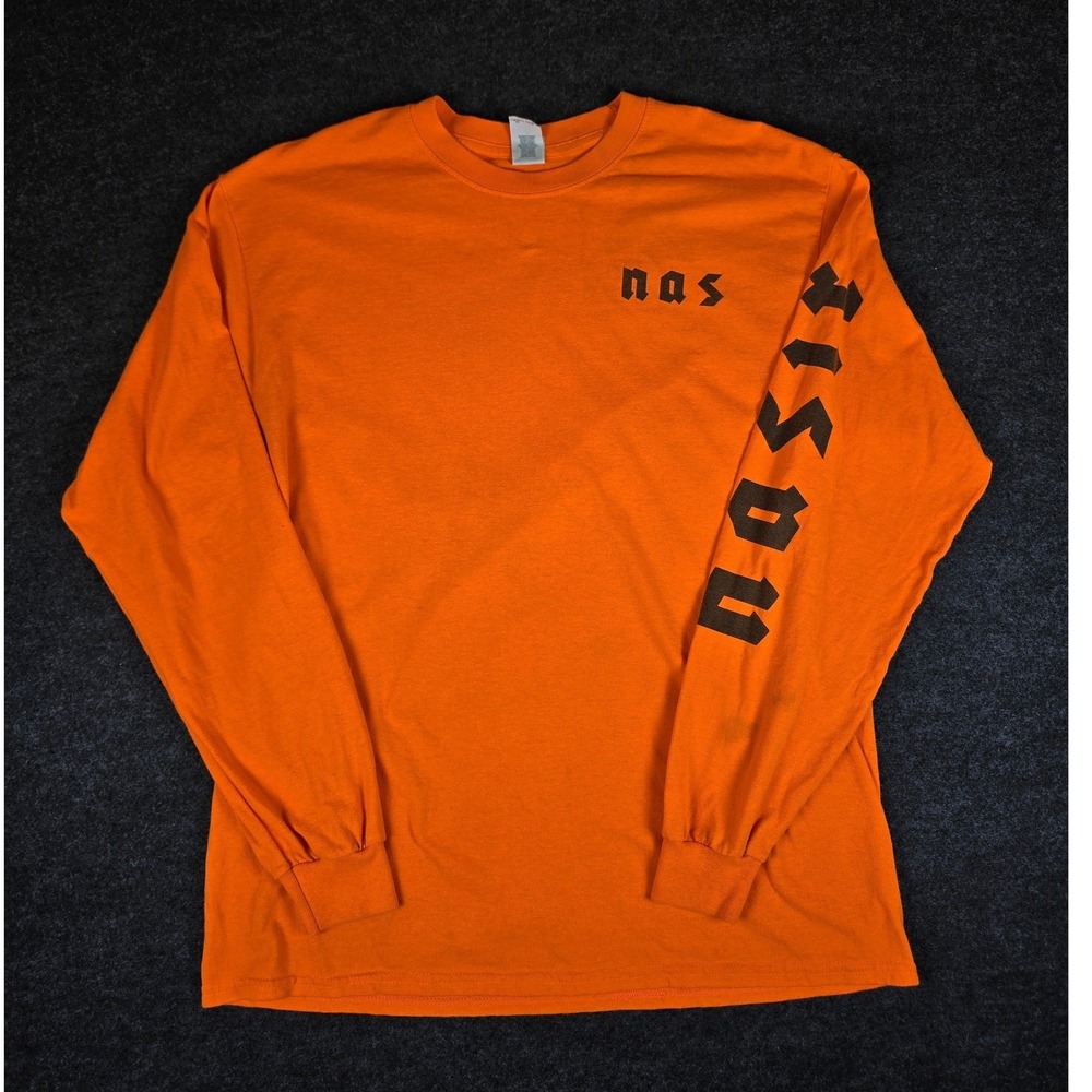 Y2K Nas Men's Orange Black Pyramid Long Sleeve Rap Graphic Tee Streetwear Size L